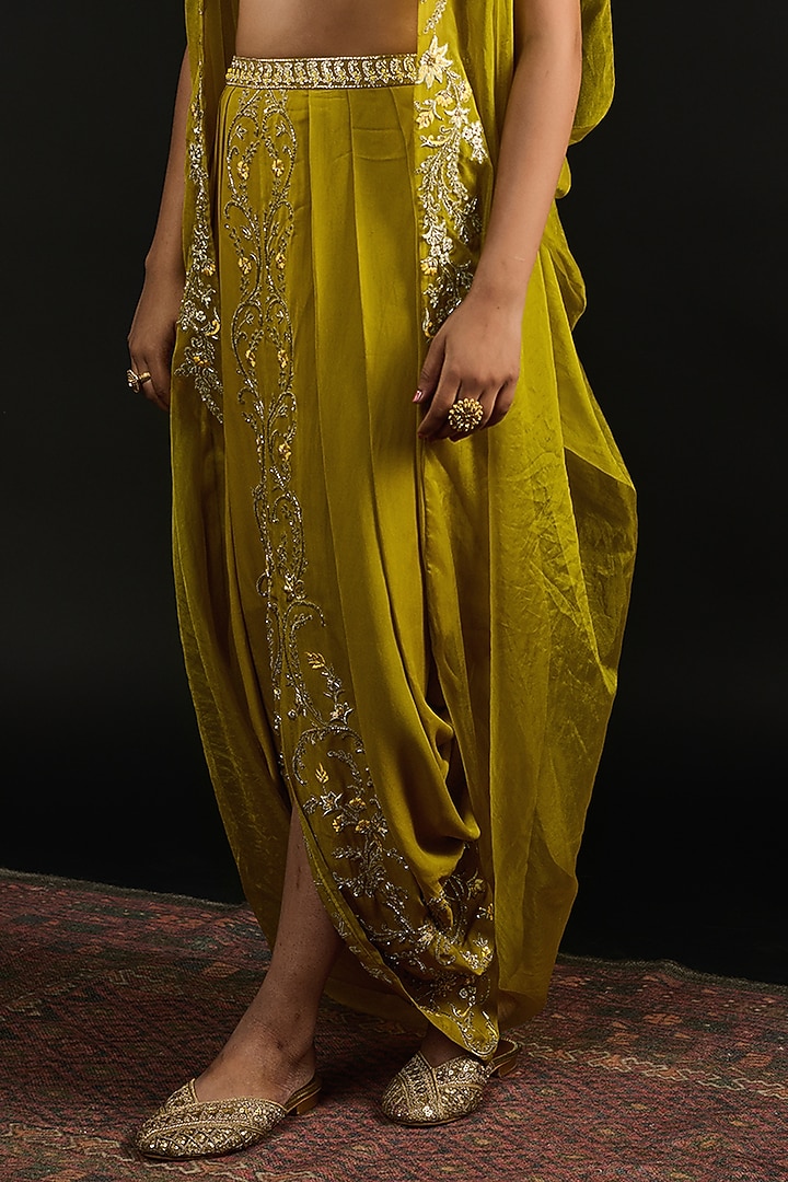 Lime Green Organza Hand Embroidered Cape Set by Reeti Arneja at Pernia's Pop Up Shop